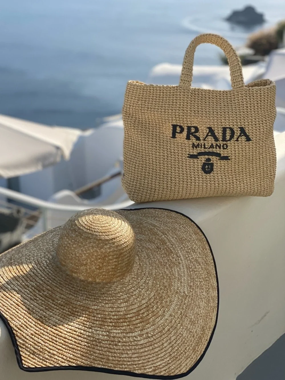 Prada Milano Raffia Tote Bag Large Logo Beige Black – Full Set NEW